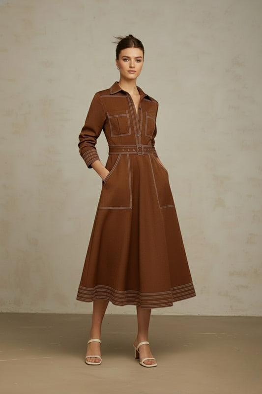 Elowen Belted Brown Shirt Maxi Dress