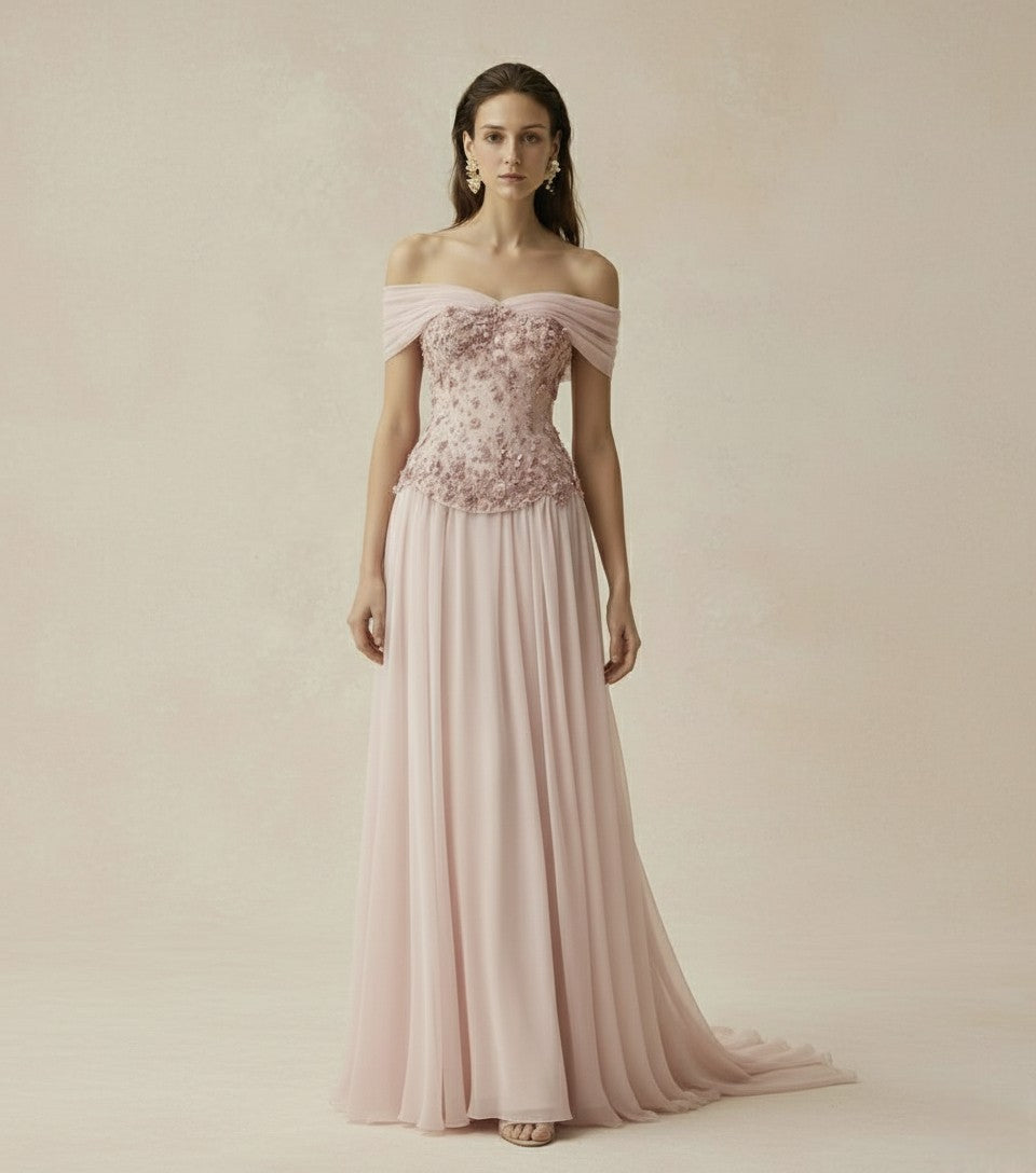 Floral Beaded Off-Shoulder Maxi Dress