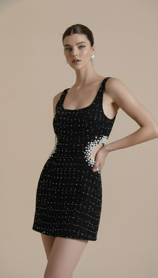 Pearl-Embellished Textured Mini Camisole Dress