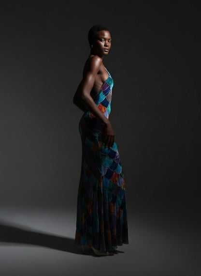 Celeste Shimmer Halter Backless Maxi Dress