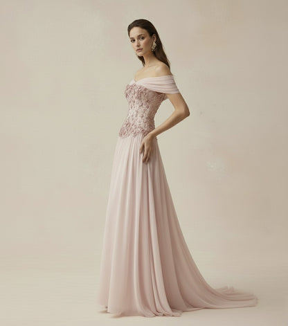 Floral Beaded Off-Shoulder Maxi Dress