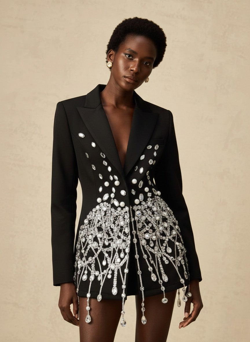 Noir Spliced Crystal Mini Dress