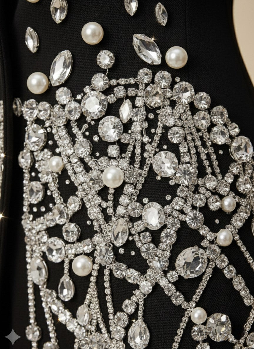 Noir Spliced Crystal Mini Dress