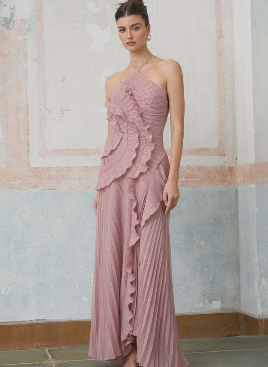 Ruffled Halter Chiffon Maxi Dress