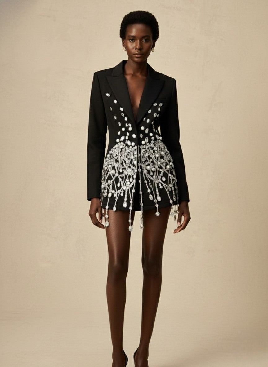 Noir Spliced Crystal Mini Dress