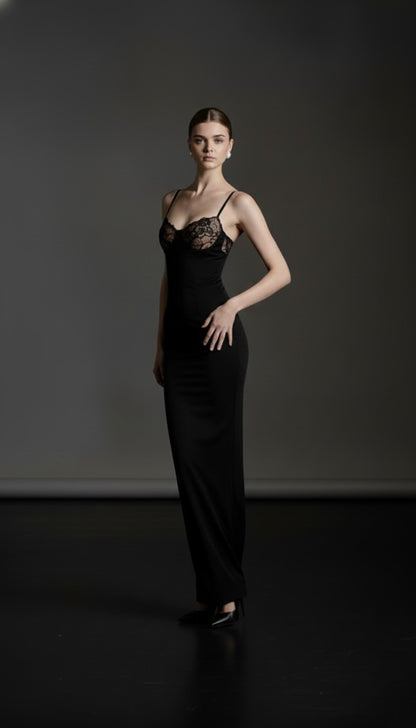 Aurelia Lace-Trim Backless Maxi Dress – Black