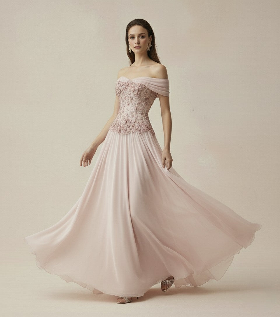 Floral Beaded Off-Shoulder Maxi Dress