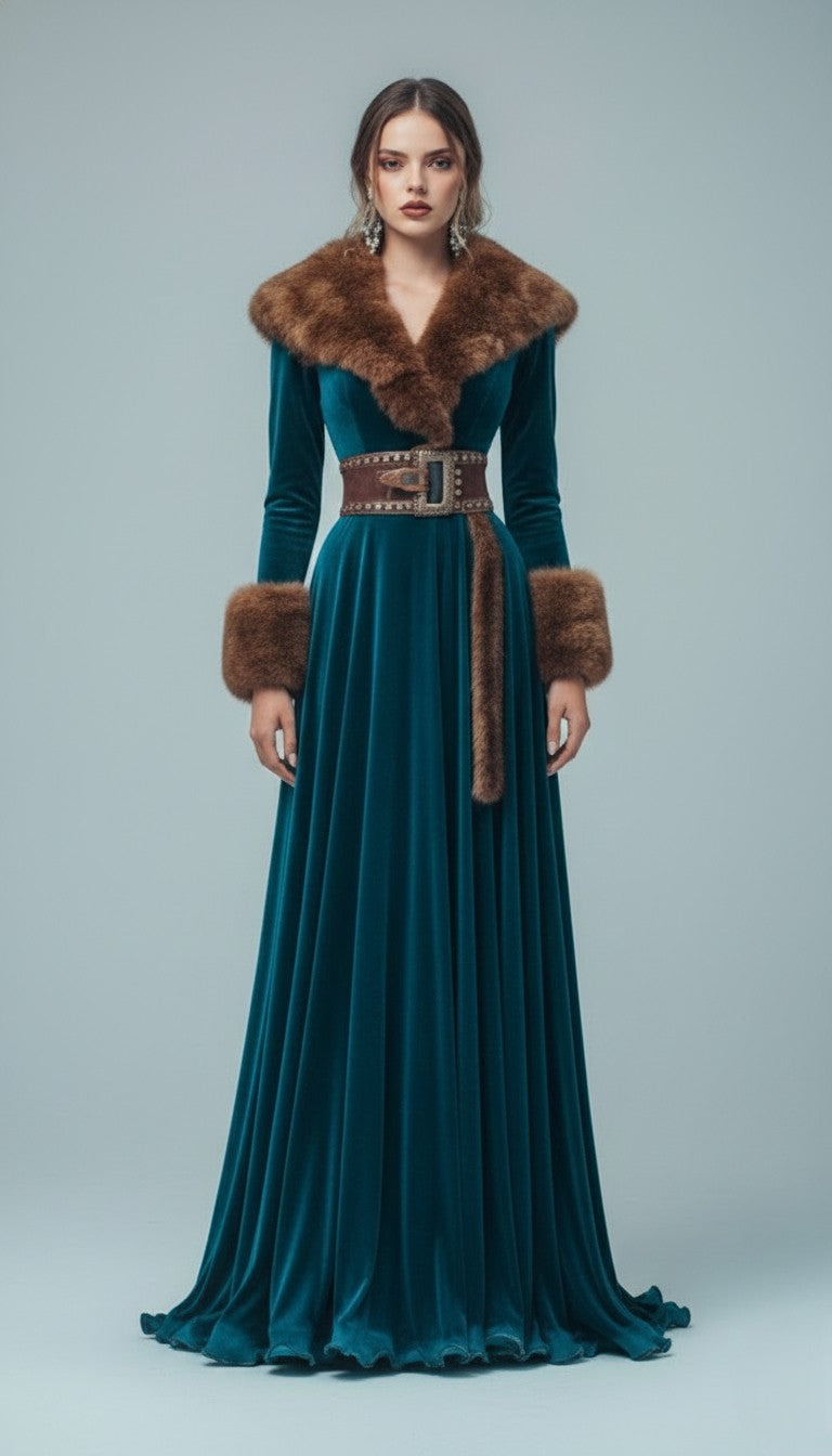 Celeste Fur-Collar Velvet Maxi Coat Dress – Deep Blue