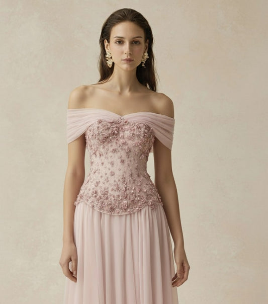 Floral Beaded Off-Shoulder Maxi Dress