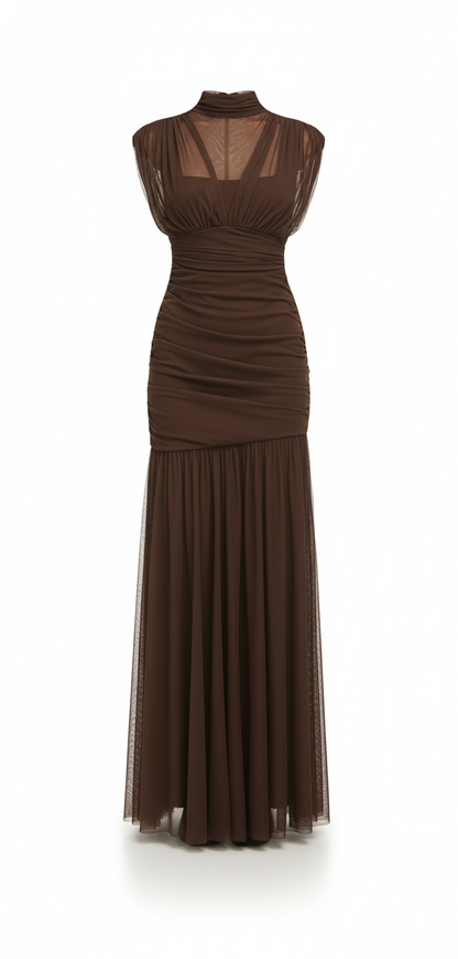 Sheer Turtleneck Mesh Maxi Gown