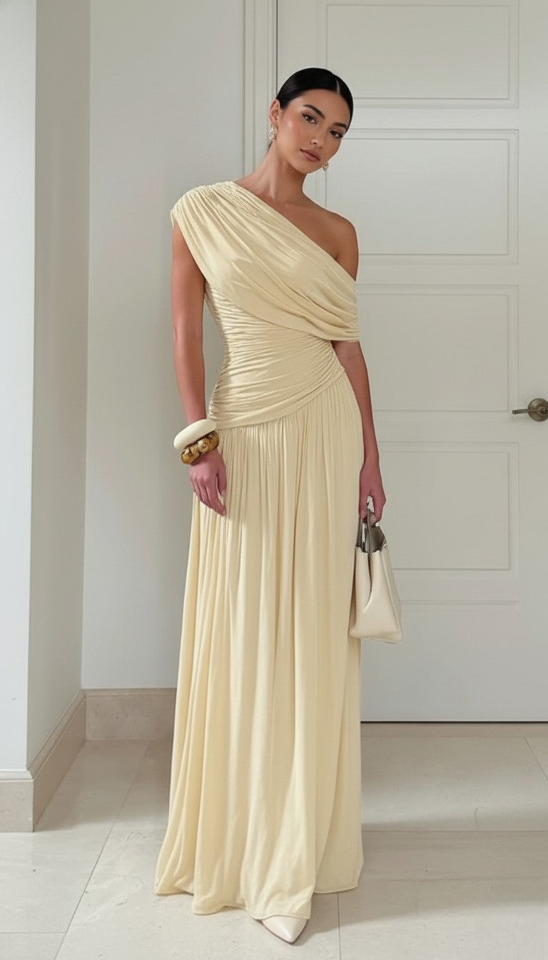 One-Shoulder Ruched Draped Maxi Dress