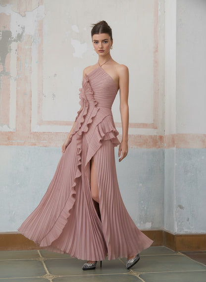 Ruffled Halter Chiffon Maxi Dress