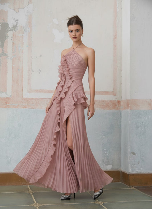 Ruffled Halter Chiffon Maxi Dress