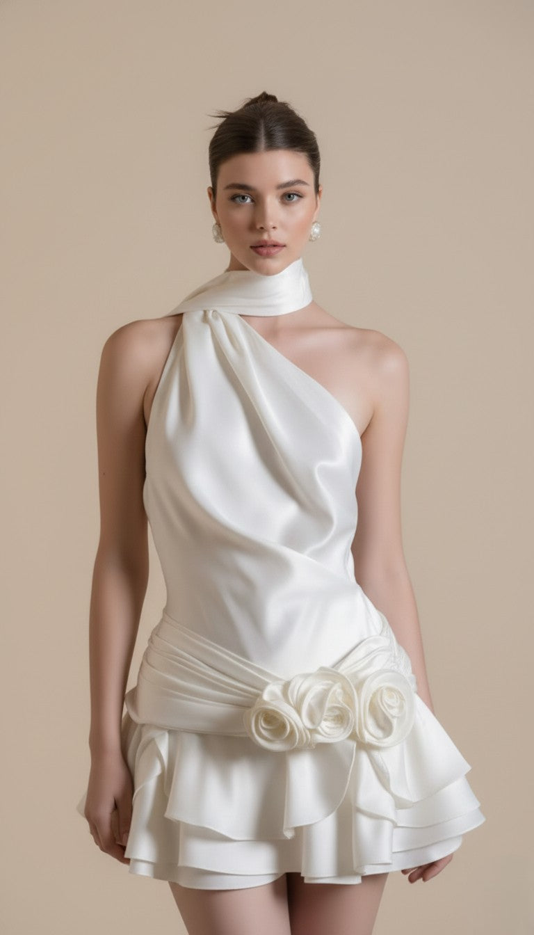 Satin Halter Backless Floral Mini Dress