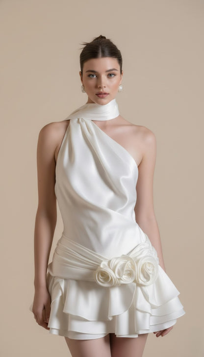 Satin Halter Backless Floral Mini Dress