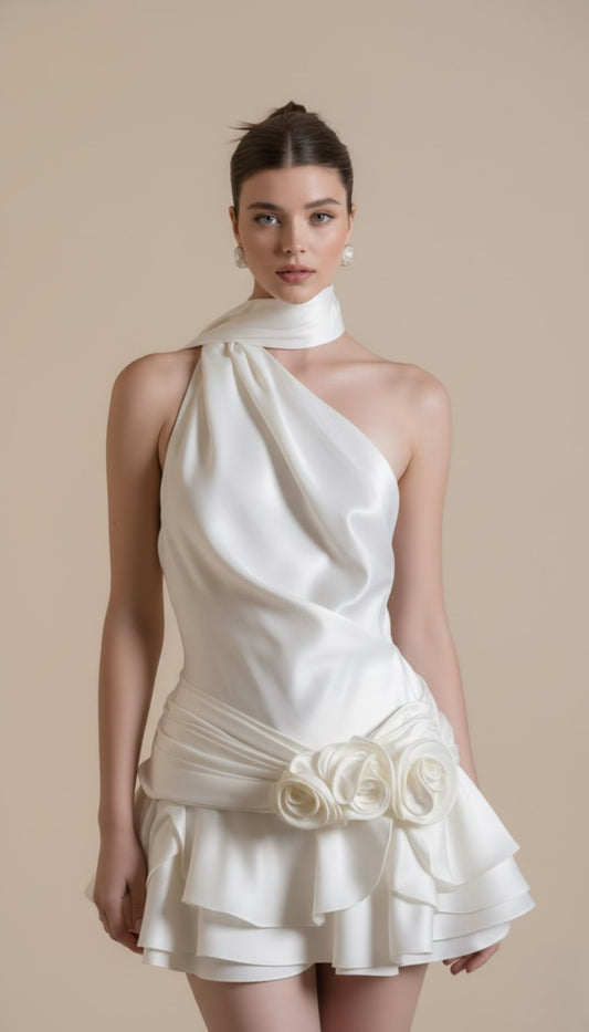 Satin Halter Backless Floral Mini Dress