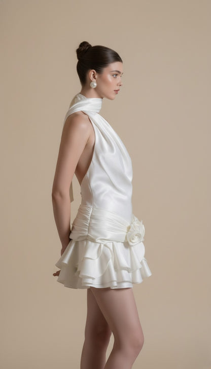 Satin Halter Backless Floral Mini Dress