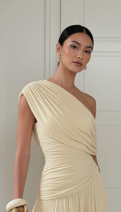 One-Shoulder Ruched Draped Maxi Dress