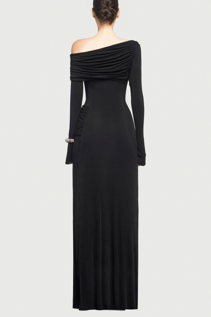 Gunnar Off Shoulder Asymmetric Ruched Maxi Dress - Black