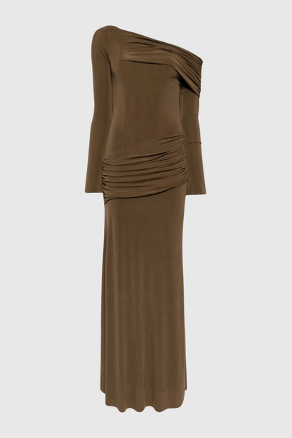 Gunnar Off Shoulder Asymmetric Ruched Maxi Dress - Brown