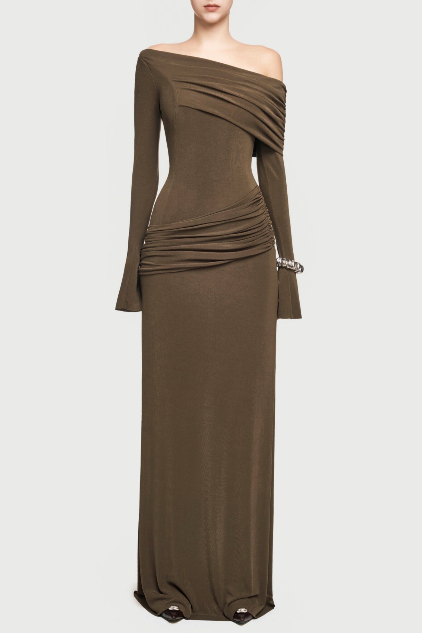 Gunnar Off Shoulder Asymmetric Ruched Maxi Dress - Brown