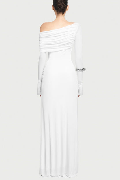 Gunnar Off Shoulder Asymmetric Ruched Maxi Dress - White