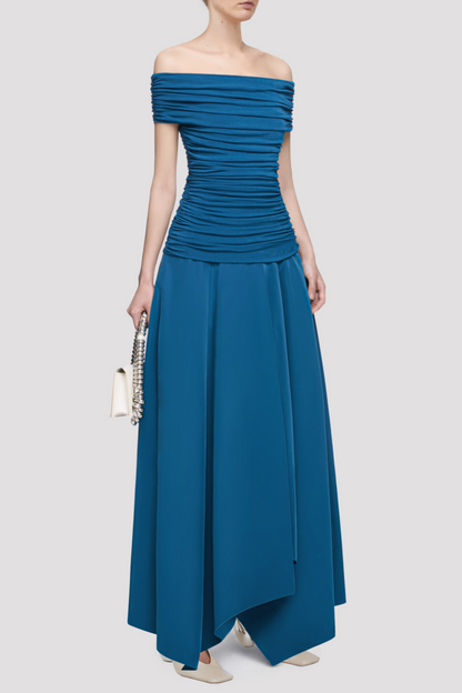 Harsian Off Shoulder Draped Maxi Dress - Blue