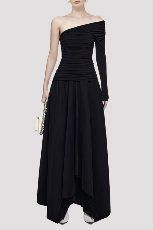 Harsian One Shoulder Draped Bustier Maxi Dress - Black