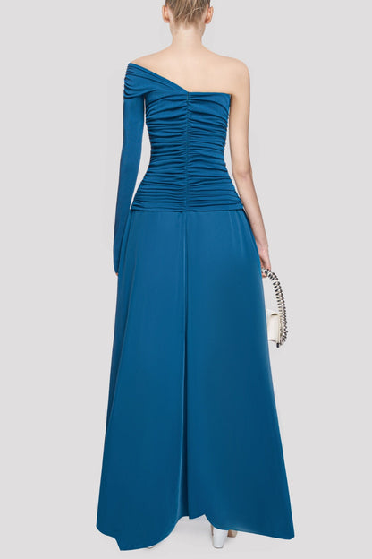 Harsian One Shoulder Draped Bustier Maxi Dress - Blue