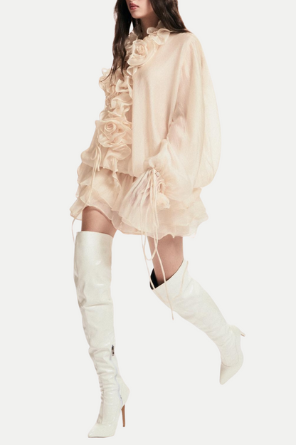 Jaketta Flower Ruffle Mini Dress - Beige