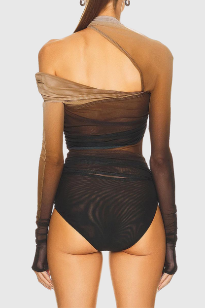 Jazlya Asymmetric Mesh Ruched Bodysuit