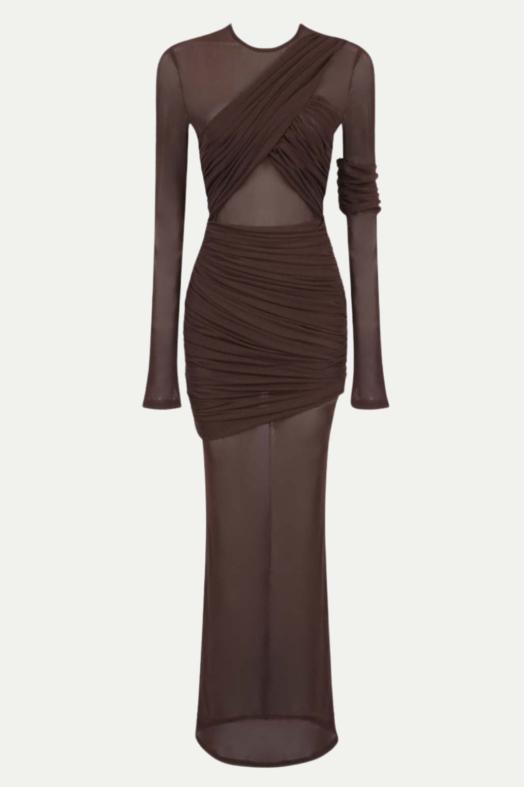 Jolleen Ruched Mesh Maxi Dress - Brown