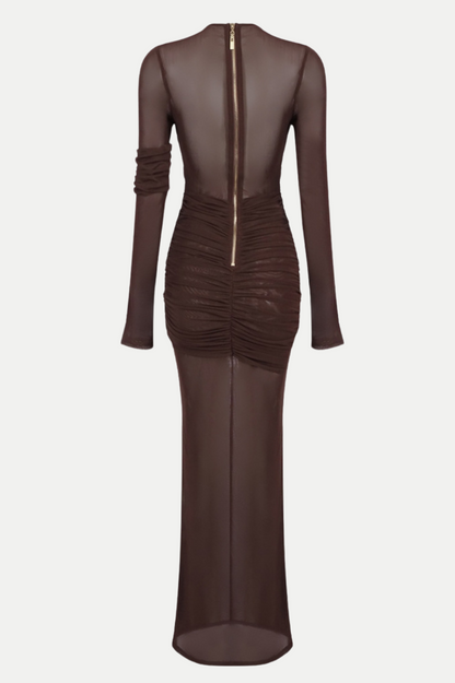 Jolleen Ruched Mesh Maxi Dress - Brown