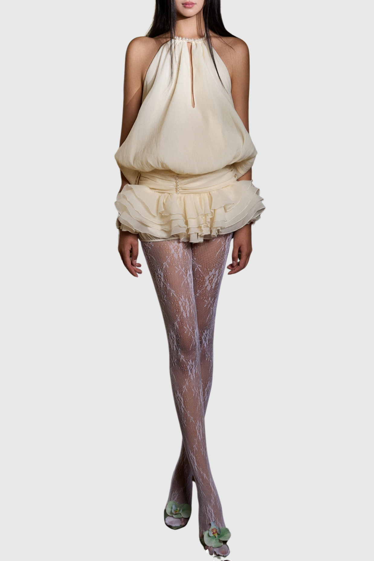 Gaiwan Halter Pearl Ruffle Mini Dress