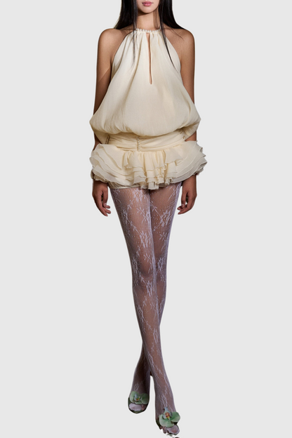 Gaiwan Halter Pearl Ruffle Mini Dress