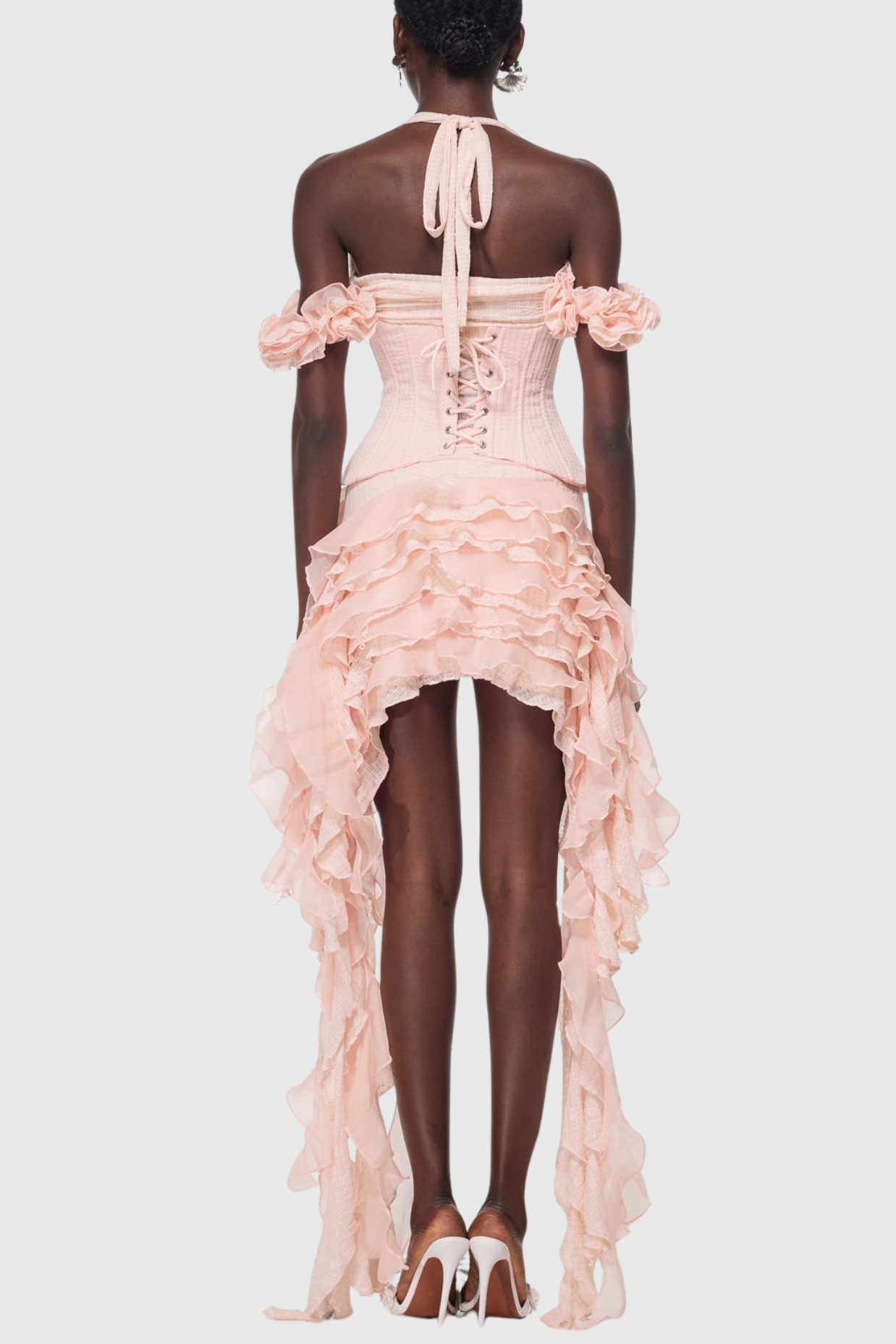 Juricn Halter Corset Ruffle Fringe Mini Dress - Pink