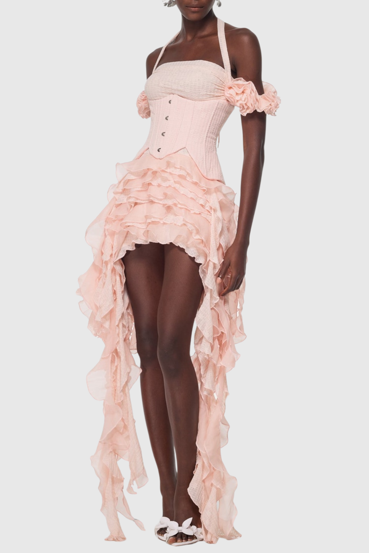 Juricn Halter Corset Ruffle Fringe Mini Dress - Pink