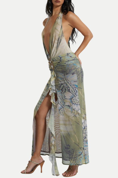 Kaisy Print Halter Mesh Plunge Midi Dress