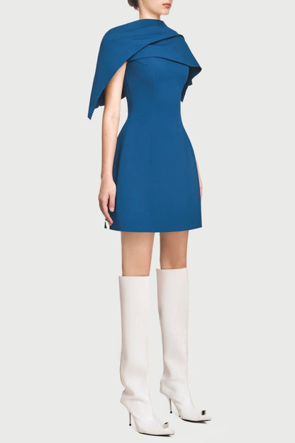 Lachet Asymmetrical Shoulder Pleat Mini Dress - Blue