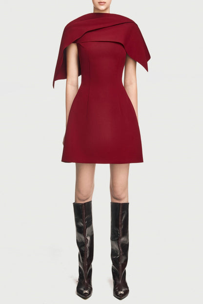 Lachet Asymmetrical Shoulder Pleat Mini Dress - Red
