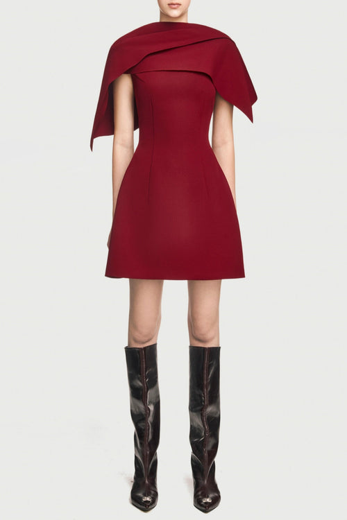 Lachet Asymmetrical Shoulder Pleat Mini Dress - Red