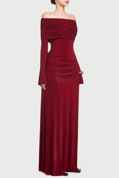 Lekeisha Off Shoulder Draped Maxi Dress - Red