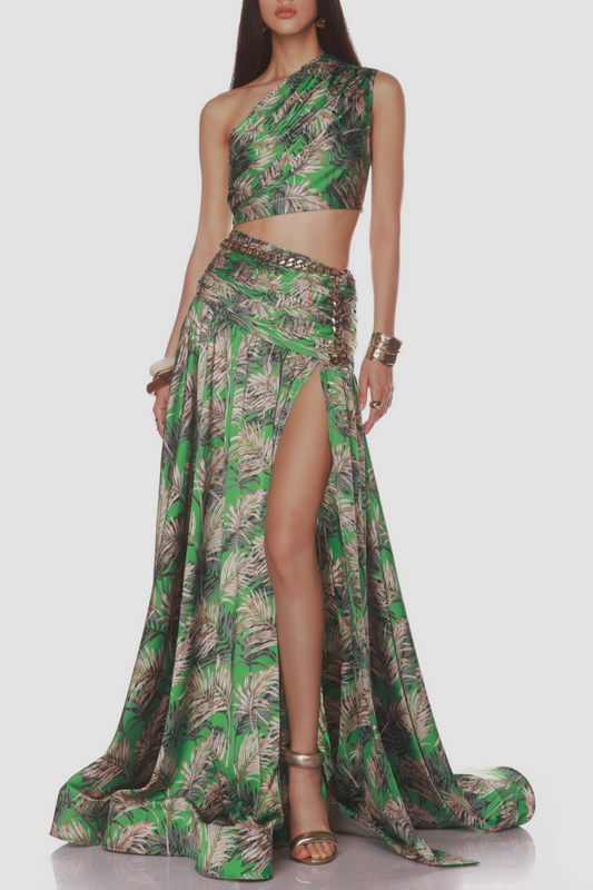 Linzie One Shoulder Leave Print Two Piece Set