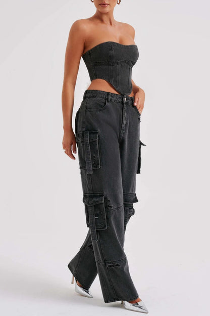 Lyric Cargo Denim Set - Black