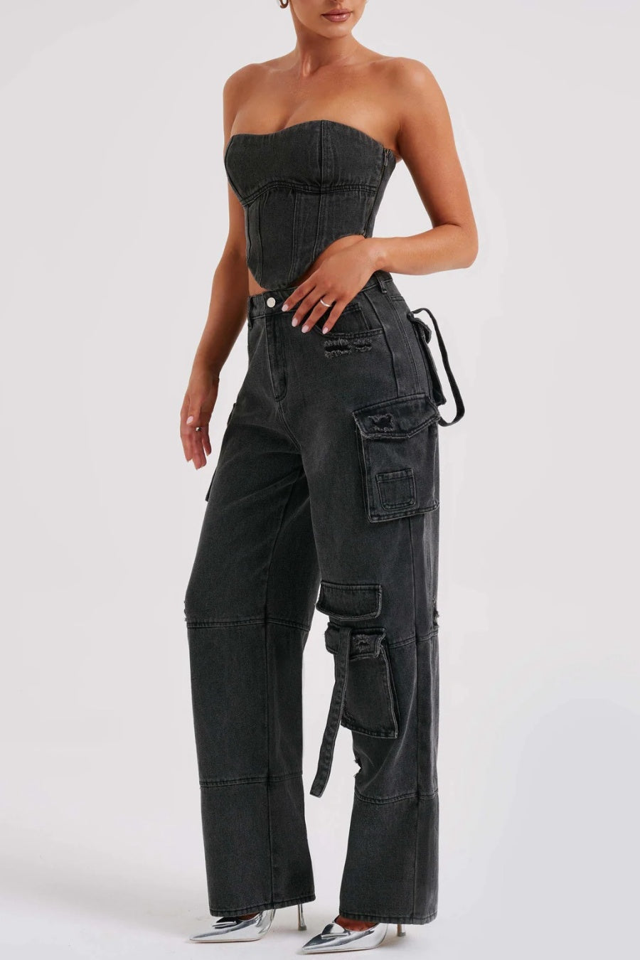 Lyric Cargo Denim Set - Black