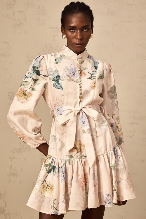 Maia tied-waist floral-print mini dress in Neutrals