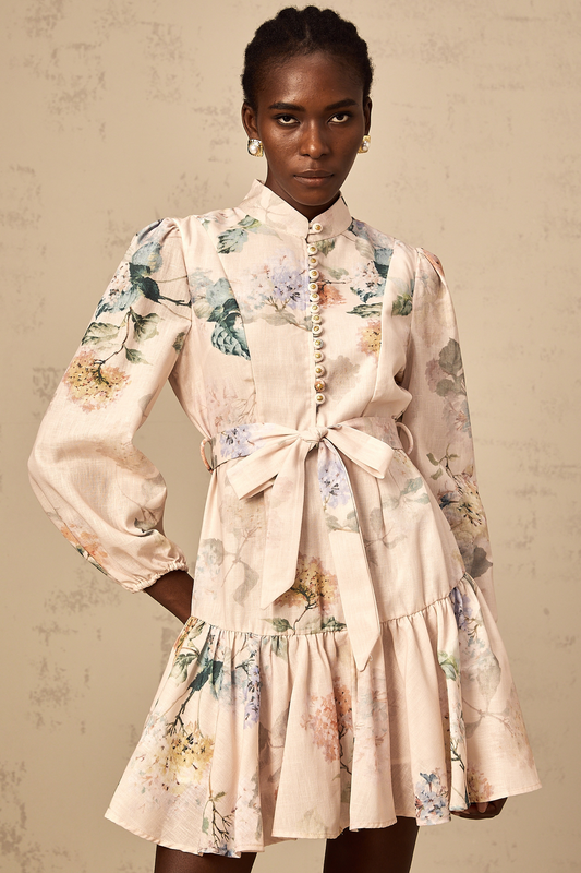 Maia tied-waist floral-print mini dress in Neutrals