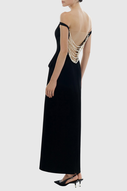 Macsen Pearl Beaded Off Shoulder Maxi Dress