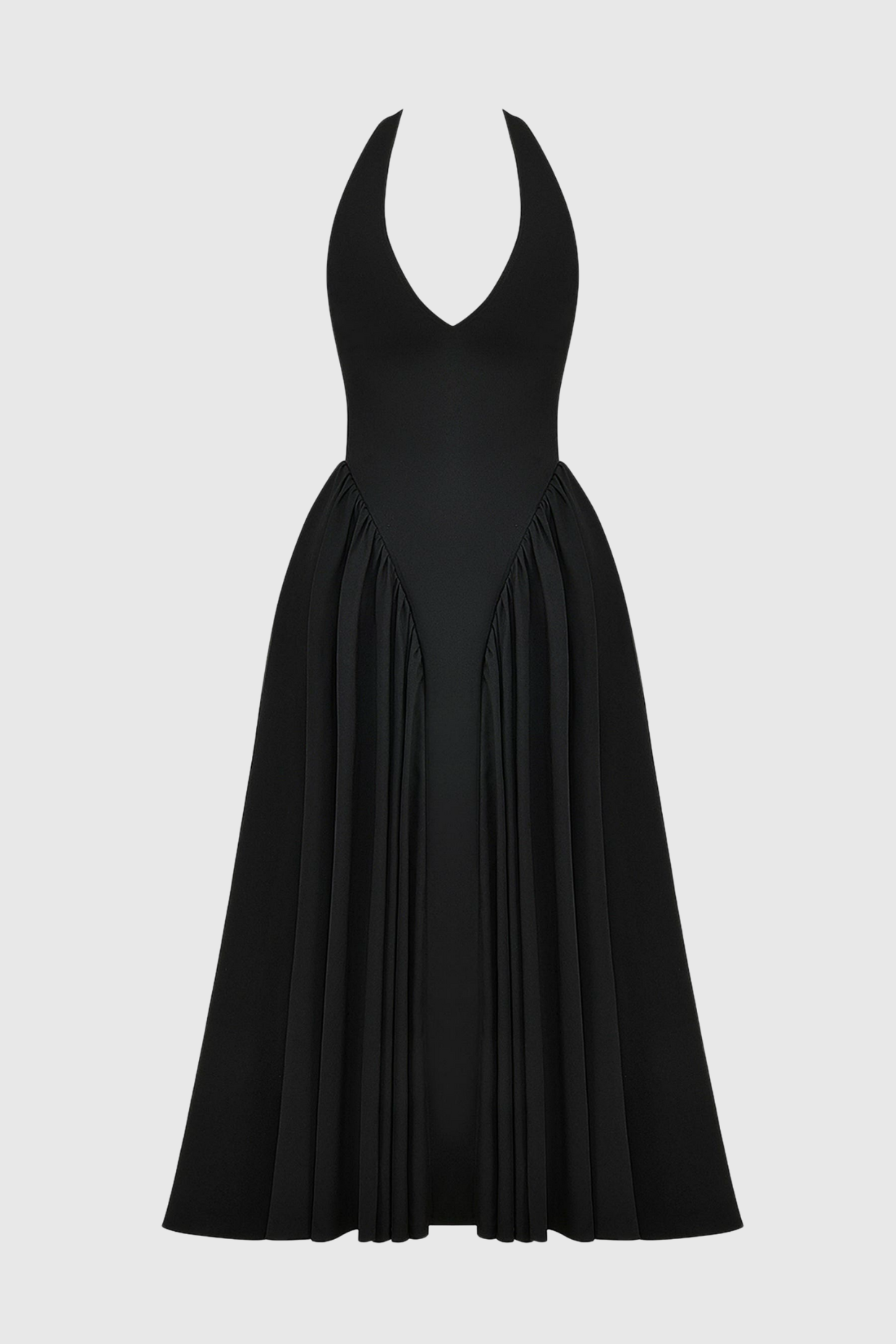 Ebrill Halter V-neck Ruched Midi Dress - Black