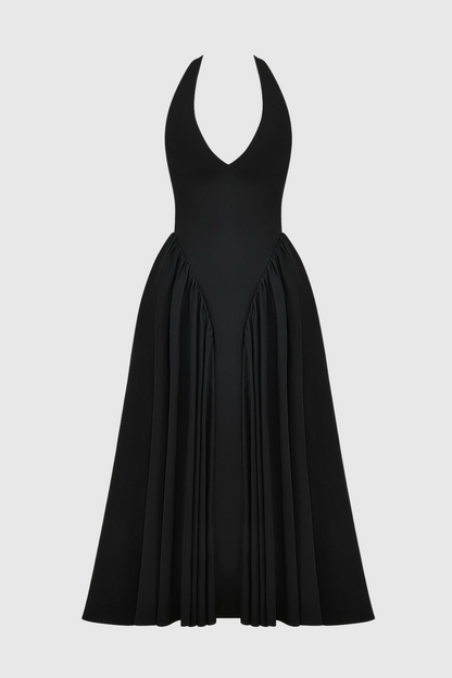 Ebrill Halter V-neck Ruched Midi Dress - Black